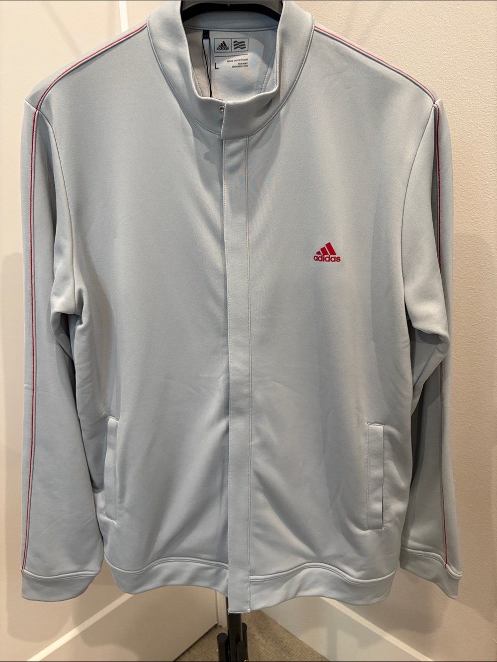 adidas golf Light Gray Men’s Track Jacket with Red Logo and sleeve stripe NWT Lg
